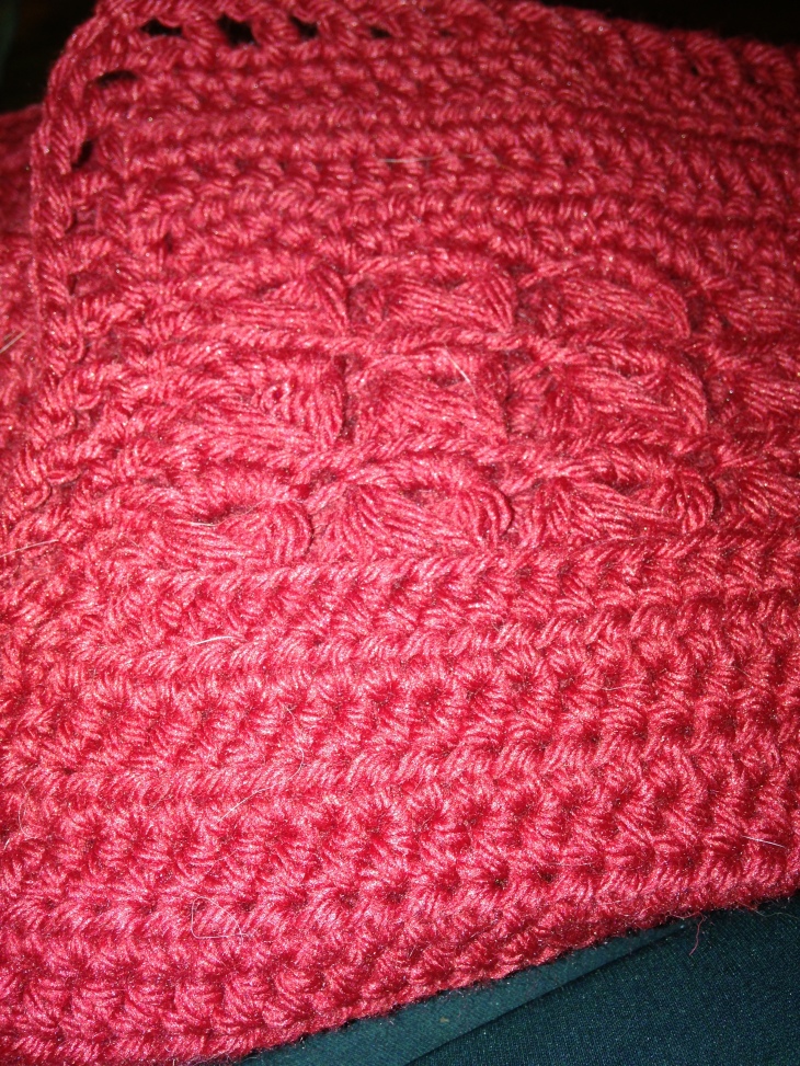 I took this picture so that you could see how I covered up my fuck-up with the lace part pulling way in compared to the half-double-crochet part. I didn't have enough yarn to do a frilly border, but what I did was to go around once with a single crochet, but when I hit the lace, I did a triple crochet, which built out that part. Then I did a simple triple-crochet/chain-one border on top of that. The sides are not quite square (though I may be able to pull them squarer when blocking) but the gap isn't glaringly obvious.